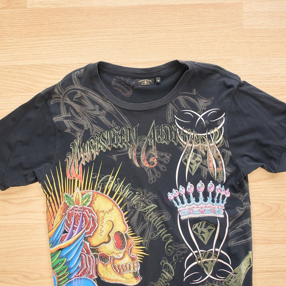 Christian Audigier T-Shirt / Skull Crown Money / Size M / Black / Made in - Picture 2 of 16